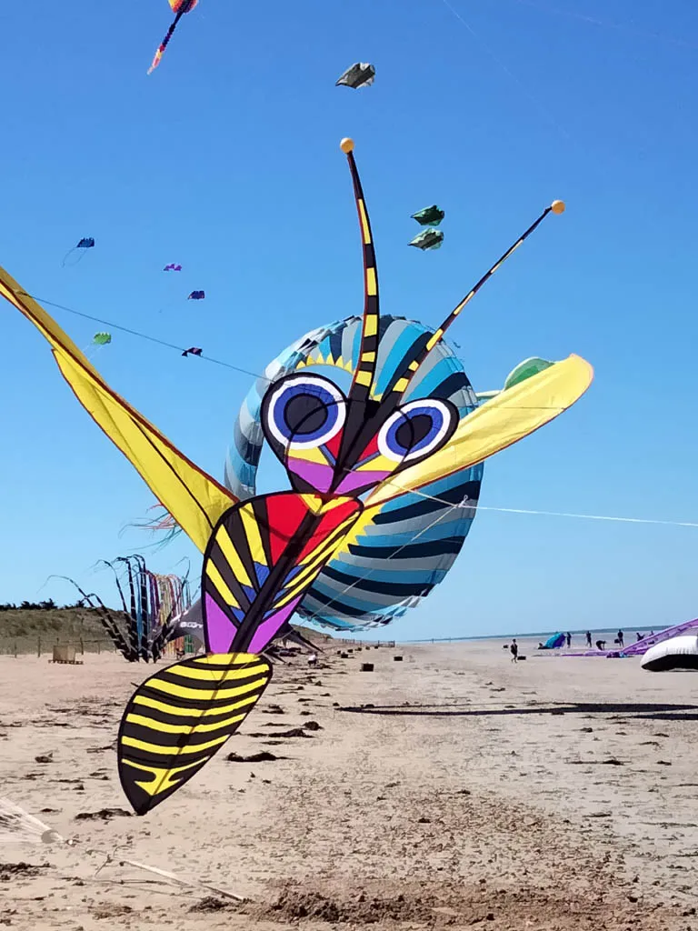 Un grand cerf-volant coloré de l'association Icare Encore volant dans le ciel.